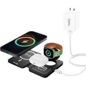 Miady شاحن لاسلكي لـ MagSafe، محطة شحن 3 في 1 لأجهزة Apple المتعددة، شاحن سفر قابل للطي بقدرة 18 وات لهاتف iPhone 15/14/13/12 Pro Max، لساعة Apple، لـ Airpods 3/2 Pro