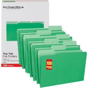 1InTheOffice مجلدات ملفات خضراء مقاس حرف 1/3 علامة تبويب مقطوعة، مجلدات خضراء (100/عبوة)