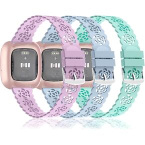Nigaee 3 Pack 22mm Lace Hollowed-Out Silicone Replacement Wristbands Compatible for Fitbit Versa/Fitbit Versa 2/Fitbit Versa Lite,Slim Bands Soft Smartwatch Sport Strap for Women