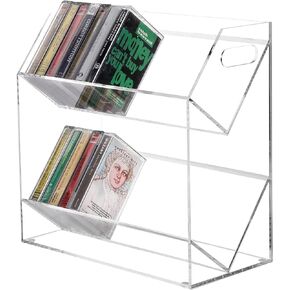 MyGift Clear Acrylic Cassette Tape Holder, 2 Tier Retro Audio Tape Deck Storage Display Case with Cutout Handles