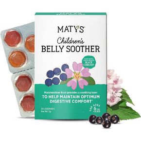 Matys Kids Belly Soother Lozenges for Ages 6 Years Old +, Yummy Black Currant Flavor, Stomach Ache Relief for Childrens Upset Tummy & Digestive Comfort, Sugar Free, Vegan, Dye Free, 20 Count