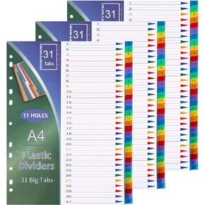 31-Tab A4 Plastic Binder Dividers-3 Sets,1-31 Number File Dividers Multicolor Binder Dividers with Tabs,11 Hole Fits Most 2/3/4 Ring Binder