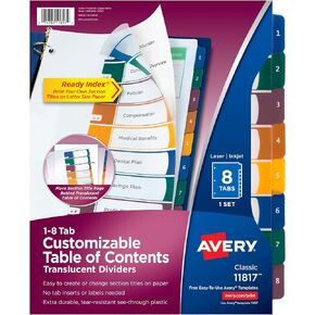 Avery Plastic 8 Tab Binder Dividers, Customizable Table of Contents, Multicolor Tabs, 1 Set (11817)