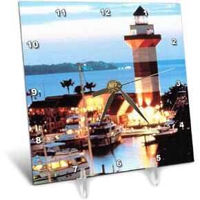 3dRose dc_61725_1 Harbor Town Lighthouse at Hilton Head Island at Dusk Desk Clock, 6 by 6-Inch
