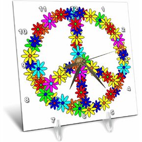 3dRose dc_6310_1 Desk Clock, Peace Sign Flower Power Design, 6 by 6-Inch