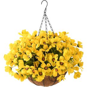 INQCMY Artificial Fake Hanging Plants Flowers with Basket for Fall Outdoor Decor,Faux Silk Flower in Planter UV Resistant Look Real for Home Porch Patio Lawn Garden Autumn Decoration(Yellow Orange)