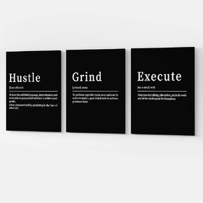 Hustle Grind Execution Wall Art Set of 3 Framed Canvas Black Motiviational Wall Art Home Office Wall Decor Inspirational Positive Quotes Posters Success Entrepreneur Gifts for Mens Guys 12"x16"
