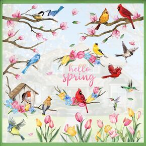 Mfault Hello Spring Birds Tree Branch Window Clings 9 Sheets, Tulip Flowers Cardinal Hummingbird Bluebird Wall Stickers Decal Decorations, Dogwood Birdhouse Seasonal Living Room Home Kitchen Decor