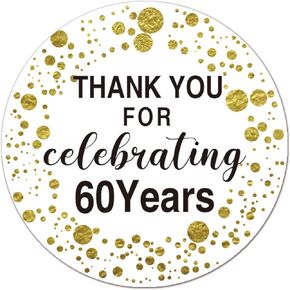 60th Birthday Thank You Stickers, Black and Gold 60th Birthday Favors, 60th Birthday Stickers, Anniversary Party Decorations, 2 Inch Round Circle Label Stickers, Pack of 50.