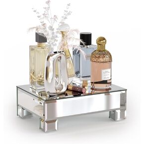 Mirrored Display Risers for Tabletop Use, Display Stand, Art deco Vanity/Bathroom/Kitchen Countertop Decor, Silver, 8.6"W x 6"D x 3"H