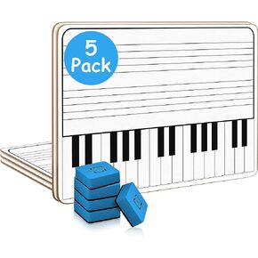 Scribbledo 5 Pack 11 x 14 Inch Piano Board Dry Erase White Boards Keyboard Lapboard l Double Sided Music Staff whiteboard for Kids Students, Musicians and Home (5 Erasers Included)