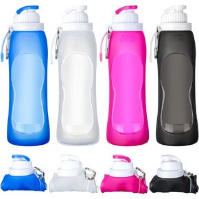 Zopeal 4 Pieces Collapsible Water Bottles Roll up Folding Bottle Silicone Foldable Leak Proof Water Bottles for Sports Traveling Riding Camping Hiking Backpack (Purple, Clear, Gray, Blue, 17 oz)