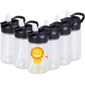 6 Pack Kids Water Bottles Bulk, 14oz Clear Water Bottle with Dustproof Straw Lid & Handle, Plastic, Leak Proof, Lightweight for Boys Girls to School Sports Travel Camping, Personalized DIY Gift