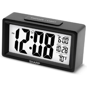 Sharp Alarm Clock with Indoor Temperature, Nightlight, Calendar, Battery Operated Digital Small Clock for Bedrooms or Travel, Black