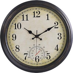 16 Inch Large Outdoor Clock, Waterproof Wall Clock with Thermometer, Battery Operated Silent Non-Ticking Vintage Wall Clock Quartz Round Clock Home Decor,Black Bronze