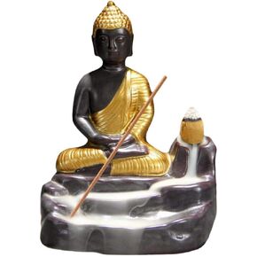 تمثال بوذا مبخرة بخور خلفي من السيراميك المنزلي حامل بخور مخروطي مع 20 قطعة مخاريط لعطر المنزل (ذهبي) in Kuwait