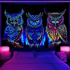 Ptrxobj Blacklight Owl Tapestry for Bedroom Aesthetic, Trippy Animal Forest Tree Tapestry UV Reactive Cool Black Light Tapestry Glow in the Dark Tapestries Wall Hanging Men Decor 80" X 60"
