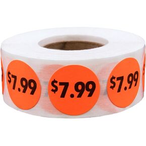 Fluorescent Red $3.99 Circle Dot Stickers, 3/4 Inch Round, 500 Labels on a Roll