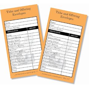 100 Tithes and Offering Envelopes for Church, 3 5/8" x 6 1/2", 24lb White Wove Paper, Color Printing on the Front Side, Dry Gummed Flap, Made and Printed in USA