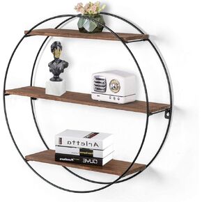 Joveco Wall Shelf Round Floating Shelves Sturdy Wood Metal Decorative Shelf for Living Room Bedroom Bathroom Kitchen Office (Dark Brown)