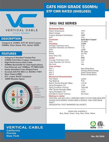 كابل عمودي Cat6، 550 ميجا هرتز، محمي، 23AWG، نحاس عاري صلب، 1000 قدم، كابل إيثرنت مجمع، رمادي in Kuwait