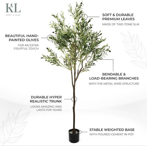 Knot & Leaf Artificial Olive Tree 6ft Tall - Realistic Artificial Indoor Plant with Two-Tone Leaves, Purple Olive Fruits & Inner Wired Metal Branches - Potted Faux Olive Tree for The Home or Office in Saudi Arabia