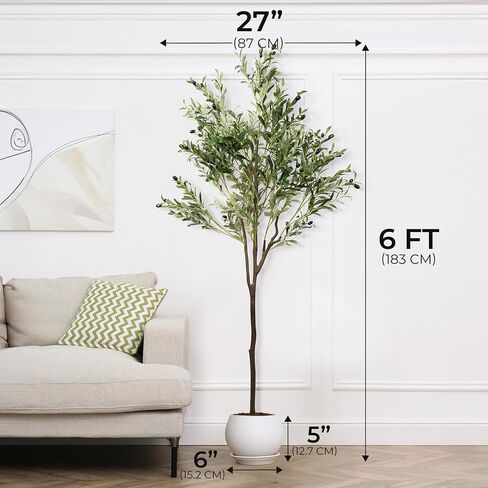 Knot & Leaf Artificial Olive Tree 6ft Tall - Realistic Artificial Indoor Plant with Two-Tone Leaves, Purple Olive Fruits & Inner Wired Metal Branches - Potted Faux Olive Tree for The Home or Office in Saudi Arabia