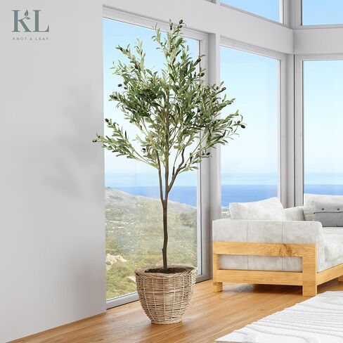 Knot & Leaf Artificial Olive Tree 6ft Tall - Realistic Artificial Indoor Plant with Two-Tone Leaves, Purple Olive Fruits & Inner Wired Metal Branches - Potted Faux Olive Tree for The Home or Office in Saudi Arabia