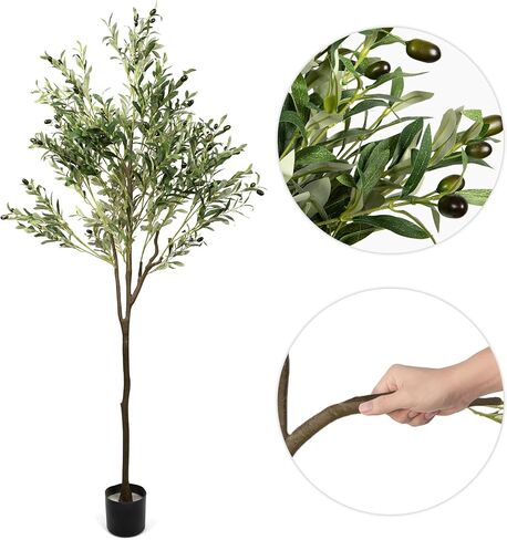 Knot & Leaf Artificial Olive Tree 6ft Tall - Realistic Artificial Indoor Plant with Two-Tone Leaves, Purple Olive Fruits & Inner Wired Metal Branches - Potted Faux Olive Tree for The Home or Office in Saudi Arabia