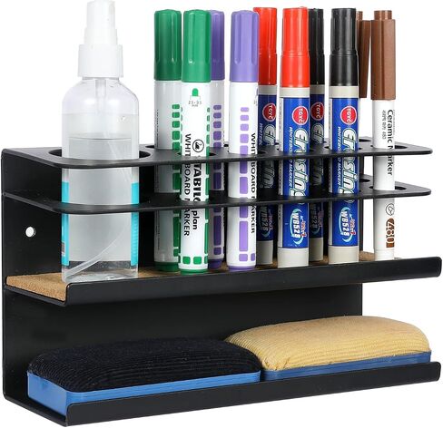 MyGift Wall Mounted Dry Erase Marker Holder with Cork Padded Base, Matte Black Metal 2 Tiered Whiteboard Accessories Rack with 11 Slots for Marker and Spray Bottle and Eraser Storage Tray in Saudi Arabia