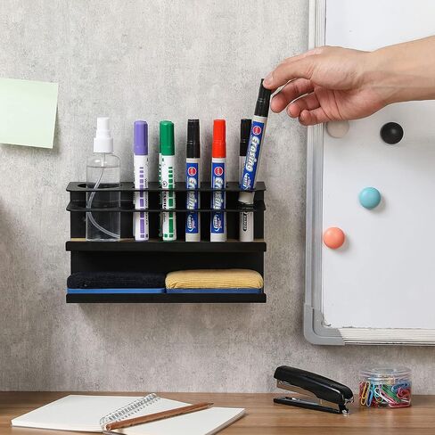 MyGift Wall Mounted Dry Erase Marker Holder with Cork Padded Base, Matte Black Metal 2 Tiered Whiteboard Accessories Rack with 11 Slots for Marker and Spray Bottle and Eraser Storage Tray in Saudi Arabia