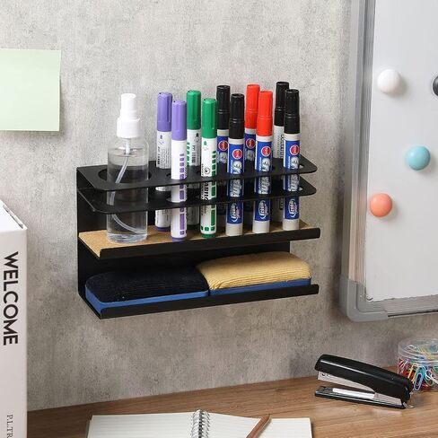MyGift Wall Mounted Dry Erase Marker Holder with Cork Padded Base, Matte Black Metal 2 Tiered Whiteboard Accessories Rack with 11 Slots for Marker and Spray Bottle and Eraser Storage Tray in Saudi Arabia