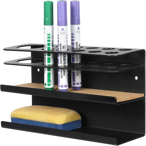 MyGift Wall Mounted Dry Erase Marker Holder with Cork Padded Base, Matte Black Metal 2 Tiered Whiteboard Accessories Rack with 11 Slots for Marker and Spray Bottle and Eraser Storage Tray in Saudi Arabia