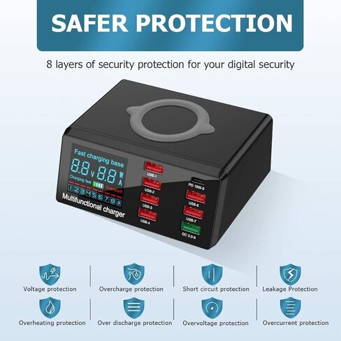 شاحن سريع 100 وات 3.0 بـ 8 منافذ USB، 10 وات بحد أقصى للشحن اللاسلكي السريع للهاتف، محطة شحن لاسلكية متعددة الأجهزة 9 في 1، أسود، X9 in Kuwait
