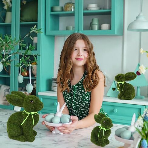 3 زخارف أرنب عيد الفصح أرنب عيد الفصح الطحلب، ديكور عطلة عيد الفصح الربيع، تماثيل أرنب حديقة طحالب حيوانات صناعية لطاولة داخلية للمنزل، المطبخ، ديكورات الرف، أخضر in Kuwait