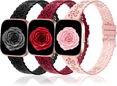 Nigaee 3 Pack 22mm Lace Hollowed-Out Silicone Replacement Wristbands Compatible for Fitbit Versa/Fitbit Versa 2/Fitbit Versa Lite,Slim Bands Soft Smartwatch Sport Strap for Women in Saudi Arabia