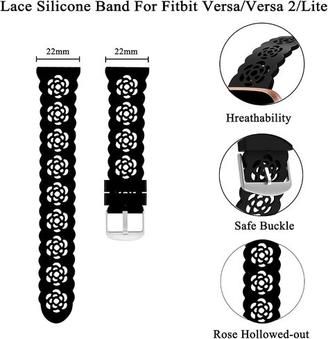Nigaee 3 Pack 22mm Lace Hollowed-Out Silicone Replacement Wristbands Compatible for Fitbit Versa/Fitbit Versa 2/Fitbit Versa Lite,Slim Bands Soft Smartwatch Sport Strap for Women in Saudi Arabia