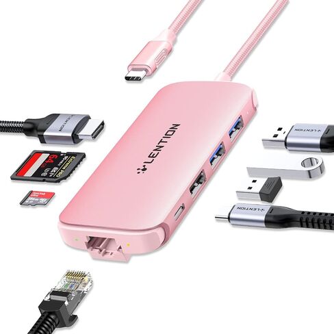 موزع USB C رفيع للغاية مع إيثرنت، 4K HDMI، USB 3.0/2.0، قارئات بطاقات ومحول PD لجهاز MacBook Pro 13/14/15/16/M1/M2، New Mac Air & Surface، المزيد (CB) -C48، ذهبي وردي) in Saudi Arabia