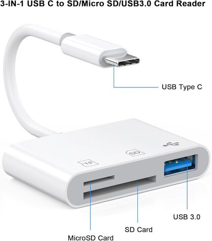 USB C to SD Card Reader, 3-in-1 SD Card Reader wtih SD Micro SD USB 3 Ports, USB Type C SD TF Memory Card Reader Compatible for iPhone 15/15 Plus/15 Pro/15 Pro Max, iPad Pro/Mini/Air, MacBook Pro/Air in Kuwait