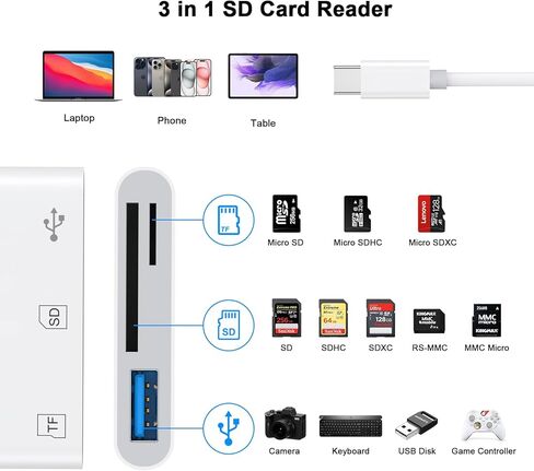 USB C to SD Card Reader, 3-in-1 SD Card Reader wtih SD Micro SD USB 3 Ports, USB Type C SD TF Memory Card Reader Compatible for iPhone 15/15 Plus/15 Pro/15 Pro Max, iPad Pro/Mini/Air, MacBook Pro/Air in Kuwait