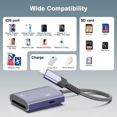 SD Card Reader for iPhone,[Apple MFi Certified] with Charging Lightning Port Micro Memory Card Adapter High Speed Trail Game Camera sd Card Viewer Adapter for iPhone,iPad Air/Pro Supports SD/TF Card in Kuwait