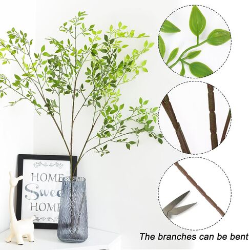 CEWOR Artificial Plants Faux Greenery 4pcs Branches for Vase, 43.3 Inch Green Nandina Long Steams for Tall Vase, Fake Plants Spring Steams for Wedding Garden Office Home Décor in Kuwait