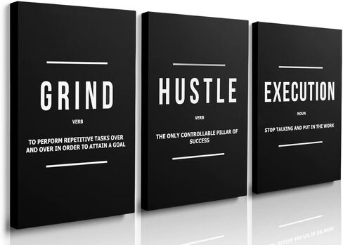Hustle Grind Execution Wall Art Set of 3 Framed Canvas Black Motiviational Wall Art Home Office Wall Decor Inspirational Positive Quotes Posters Success Entrepreneur Gifts for Mens Guys 12"x16" in Saudi Arabia