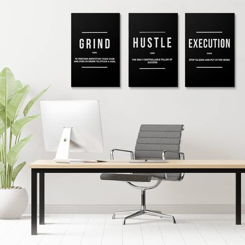 Hustle Grind Execution Wall Art Set of 3 Framed Canvas Black Motiviational Wall Art Home Office Wall Decor Inspirational Positive Quotes Posters Success Entrepreneur Gifts for Mens Guys 12"x16" in Saudi Arabia