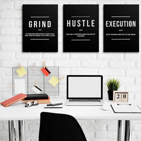 Hustle Grind Execution Wall Art Set of 3 Framed Canvas Black Motiviational Wall Art Home Office Wall Decor Inspirational Positive Quotes Posters Success Entrepreneur Gifts for Mens Guys 12"x16" in Saudi Arabia