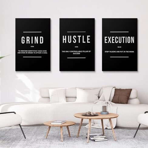 Hustle Grind Execution Wall Art Set of 3 Framed Canvas Black Motiviational Wall Art Home Office Wall Decor Inspirational Positive Quotes Posters Success Entrepreneur Gifts for Mens Guys 12"x16" in Saudi Arabia