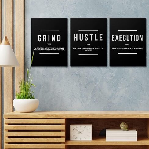 Hustle Grind Execution Wall Art Set of 3 Framed Canvas Black Motiviational Wall Art Home Office Wall Decor Inspirational Positive Quotes Posters Success Entrepreneur Gifts for Mens Guys 12"x16" in Saudi Arabia