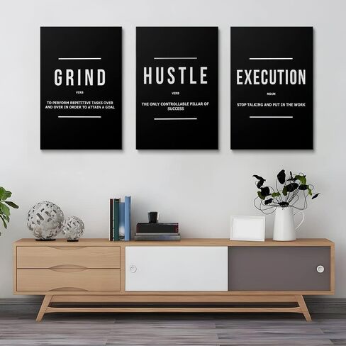 Hustle Grind Execution Wall Art Set of 3 Framed Canvas Black Motiviational Wall Art Home Office Wall Decor Inspirational Positive Quotes Posters Success Entrepreneur Gifts for Mens Guys 12"x16" in Saudi Arabia