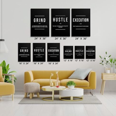 Hustle Grind Execution Wall Art Set of 3 Framed Canvas Black Motiviational Wall Art Home Office Wall Decor Inspirational Positive Quotes Posters Success Entrepreneur Gifts for Mens Guys 12"x16" in Saudi Arabia