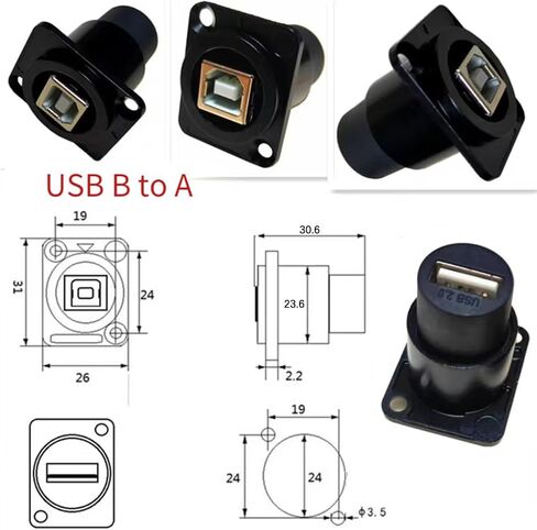 2PCS Panel Mount USB B to USB A D Type Connector for Printer in Kuwait